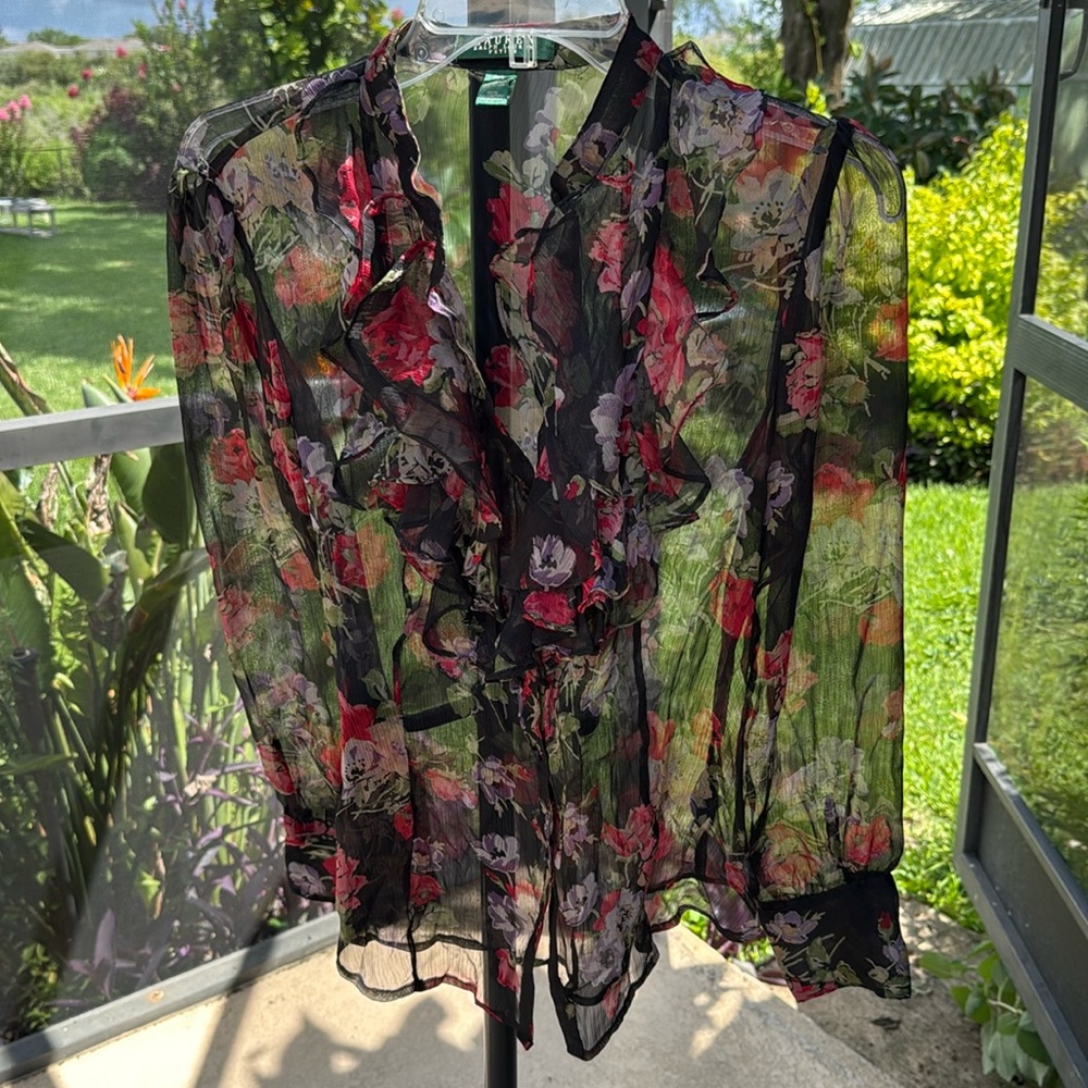 Ralph Lauren Sheer Floral Ruffle Blouse large Petite Chiffon Coquette